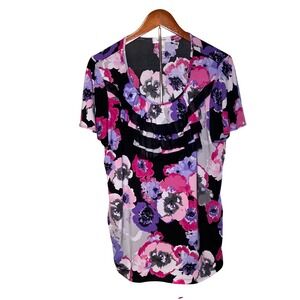 Dressbarn Woman's Size 14/16 Floral Ruffle Neck Tunic TopShort Sleeve